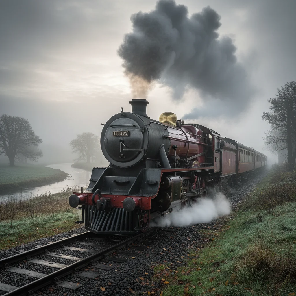 قطار بخاري عبر الضباب الكثيف